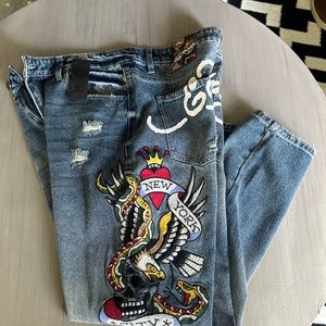 Ed Hardy NYC  Eagle Embroidered Spell out SLIM TAPER JEAN SIZE 36